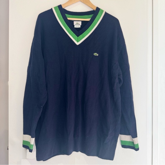 Lacoste Men’s Navy Cotton & Wool V Neck Sweater  8 US XXXL 3XL Preppy Stripes - Picture 1 of 4
